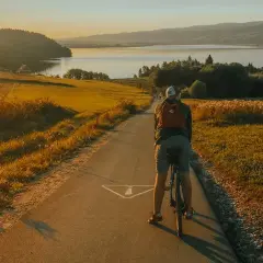 Zachód słońca nad jeziorem, rowerzysta na ścieżce. Piękna velo czorsztyn trasa w złotym świetle.