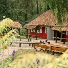 Idealne miejsce na konferencje na Mazurach: czerwony budynek z drewnianymi ławami i stołami w otoczeniu lasu.