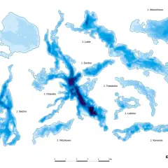 Mapa batymetryczna jezior pojezierza drawskiego: Wielimie, Siecino, Drawsko, Wilczkowo, Lubie, Żerdno, Trzesiecko, Lubicko, Wierzchowo, Komorze.