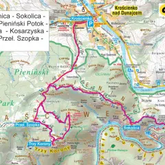 Mapa turystyczna Pienin z zaznaczonymi szlakami, w tym trasą na Trzy Korony i Sokolicę.