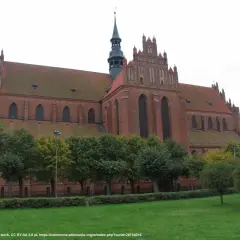 Gotycka katedra w Pelplinie, ceglana budowla z charakterystyczną wieżą i strzelistymi oknami, otoczona zielenią.