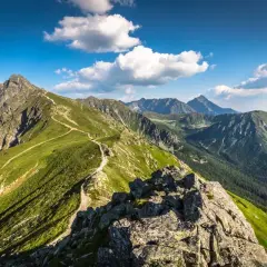 Widok na szlak prowadzący na Kasprowy Wierch. Kręta ścieżka wije się pośród zielonych zboczy Tatr.