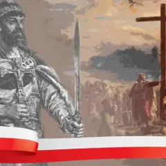 Mieszko I z mieczem i krzyżem, symbolizujący chrzest polski. Data 966.