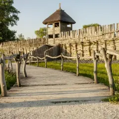 Drewniana kładka prowadzi do grodziska z wieżą obronną. To fragment szlaku piastowskiego, gdzie historia ożywa.