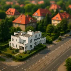 Nowoczesna willa z ogrodem, otoczona drzewami, w dzielnicy Biskupin we Wrocławiu. W tle inne domy z czerwonymi dachami.