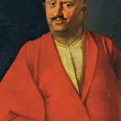 Portret szlachcica w czerwonym żupanie, jednego z sarmatów, z charakterystycznym wąsem i wschodnim nakryciem głowy.