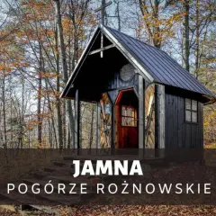 Drewniana kapliczka w lesie jesienią, z nartami przy wejściu. Jamna, Pogórze Rożnowskie.