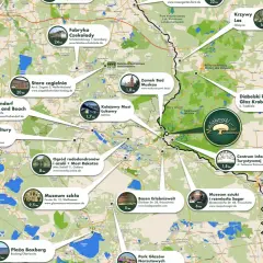 Mapa turystyczna Parku Mużakowskiego z zaznaczonymi atrakcjami, takimi jak Ogród Zoologiczny, Fabryka Czekolady, czy Muzeum Szkła.