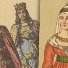 Kazimierz III Wielki żony: król z berłem i jabłkiem, obok królowa z orłem, a po prawej dama w czerwieni.