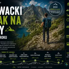 Słowacki szlak na Rysy: turysta z plecakiem na kamienistej ścieżce, w tle jezioro i góry. Opis trasy po słowackiej stronie Tatr.