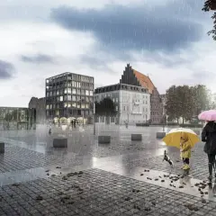 Deszczowy dzień na placu wolności wrocław. Dziecko z psem pod żółtym parasolem i kobieta z różowym, spacerują po mokrym bruku.
