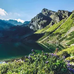 Idealny wypad na weekend: spokojne jezioro w górach, zielone zbocza i fioletowe kwiaty.