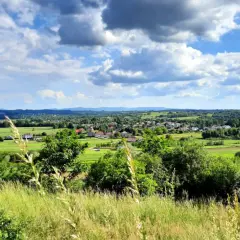 Widok na wieś Liwocz z zielonymi polami i lasami w tle, pod błękitnym niebem z chmurami.