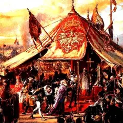 Scena historyczna z namiotem i szlachtą. W tle sztandary, symbolizujące wolność i prawo do liberum veto.