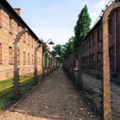 Droga między ceglanymi budynkami Auschwitz, otoczona drutem kolczastym. Miejsce, gdzie komendant Auschwitz podejmował swoje decyzje.