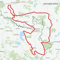 Mapa z zaznaczonym na czerwono żelaznym szlakiem rowerowym, biegnącym przez tereny Czech i Polski, w okolicach Karwiny i Jastrzębia-Zdroju.