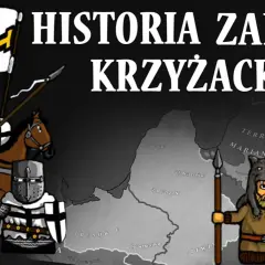 Rycerze w zbrojach i z tarczami, jeden na koniu z flagą, przedstawiają historię zakonu krzyżackiego.