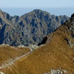 Szpiglasowy Wierch trasa. Grupa turystów na szlaku wśród skalistych zboczy i jesiennej trawy.