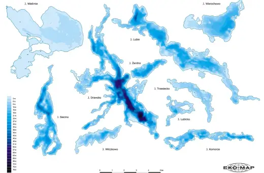 Mapa batymetryczna jezior pojezierza drawskiego: Wielimie, Siecino, Drawsko, Wilczkowo, Lubie, Żerdno, Trzesiecko, Lubicko, Wierzchowo, Komorze.