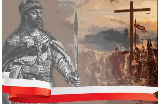 Mieszko I z mieczem i krzyżem, symbolizujący chrzest polski. Data 966.