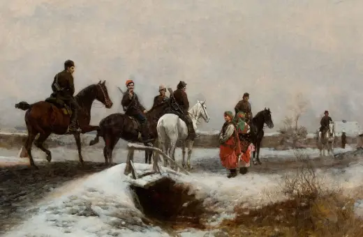 Zimowy krajobraz, konni żołnierze i kobiety w strojach ludowych. Scena nawiązuje do wydarzeń z okresu powstania styczniowego, data 1863 roku.