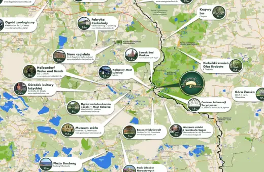 Mapa turystyczna Parku Mużakowskiego z zaznaczonymi atrakcjami, takimi jak Ogród Zoologiczny, Fabryka Czekolady, czy Muzeum Szkła.