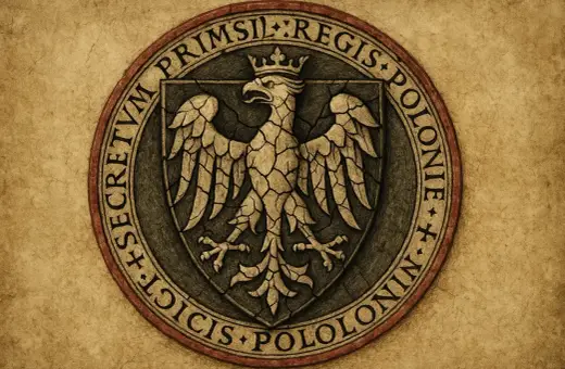 Pieczęć z orłem, symbolizująca czasy rozbicia dzielnicowego. Napis: SECRETVM PRIMSIL REGIS POLONIE.