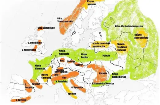 Mapa Europy z zaznaczonymi pasmami górskimi, nizinami i wyżynami. Kolory pomarańczowy, zielony i żółty oznaczają różne typy ukształtowania terenu.