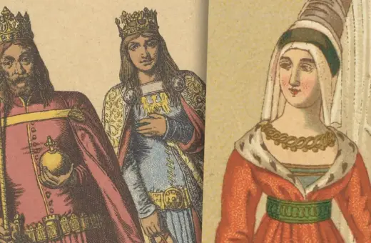 Kazimierz III Wielki żony: król z berłem i jabłkiem, obok królowa z orłem, a po prawej dama w czerwieni.
