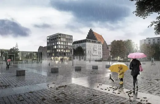 Deszczowy dzień na placu wolności wrocław. Dziecko z psem pod żółtym parasolem i kobieta z różowym, spacerują po mokrym bruku.