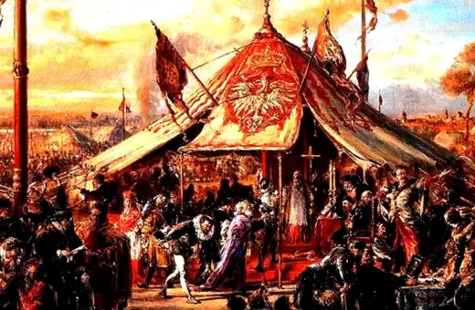 Scena historyczna z namiotem i szlachtą. W tle sztandary, symbolizujące wolność i prawo do liberum veto.