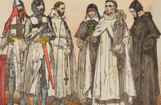 Rycerze templariusze i zakonnicy, w tym krzyżacy, w historycznych strojach. Jeden z nich trzyma kielich, inny figurkę.