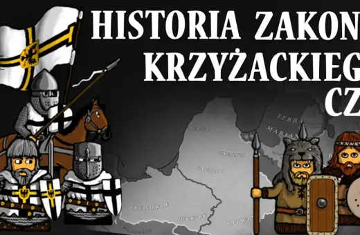 Rycerze w zbrojach i z tarczami, jeden na koniu z flagą, przedstawiają historię zakonu krzyżackiego.