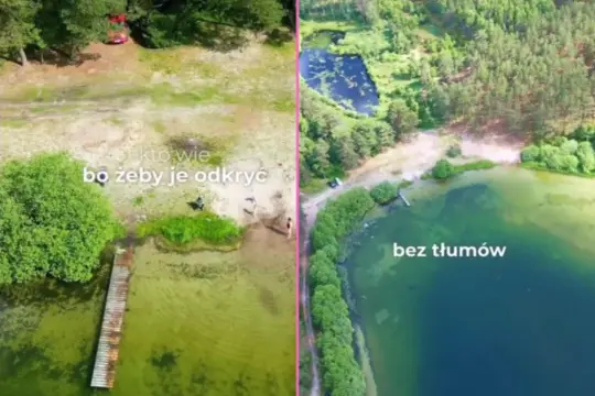 Kaszubskie jeziora: po lewej plaża z pomostem i kilkoma osobami, po prawej spokojna tafla wody otoczona lasem, bez tłumów.