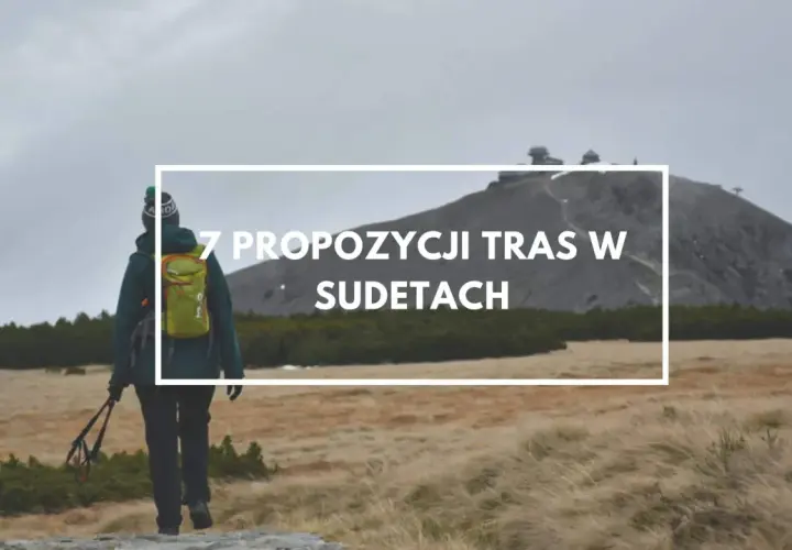 Turystka z plecakiem i kijkami maszeruje przez trawiaste zbocze w kierunku masywu Śnieżnika.