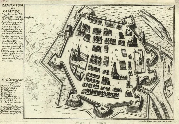 Stara mapa Zamościa z fortyfikacjami, budynkami i ulicami. Widoczne bramy, ratusz i kościoły.