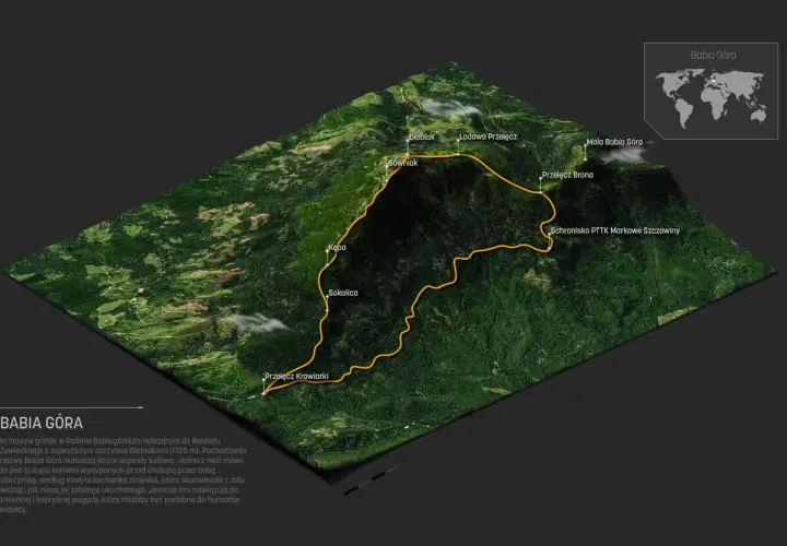 Trójwymiarowa mapa szlaków na Babiej Górze, z zaznaczonymi punktami jak Diablak, Schronisko PTTK Markowe Szczawiny i Przełęcz Krowiarki.