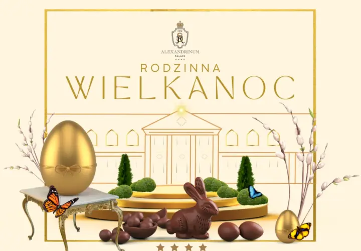 Elegancka wielkanoc w hotelu Alexandrinum Palace. Złote jajka, czekoladowy zajączek i motyle.