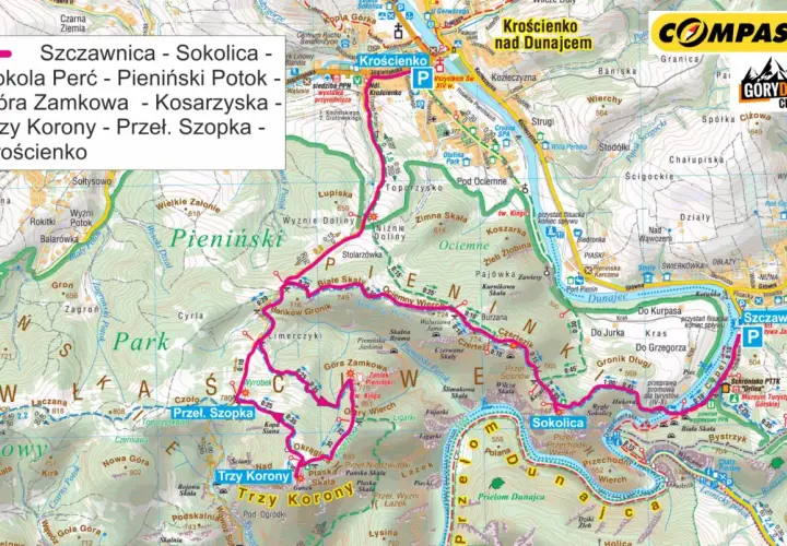 Mapa turystyczna Pienin z zaznaczonymi szlakami, w tym trasą na Trzy Korony i Sokolicę.