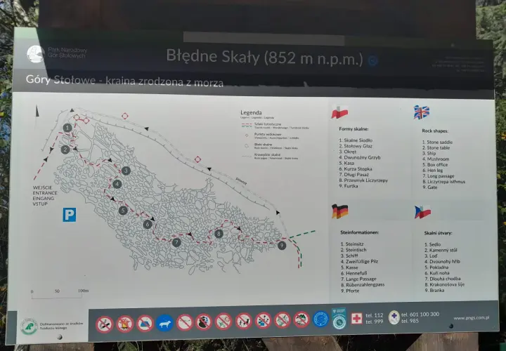 Mapa Błędnych Skał z opisem formacji i tras. Cennik nie jest widoczny, ale mapa pomoże zaplanować wycieczkę.