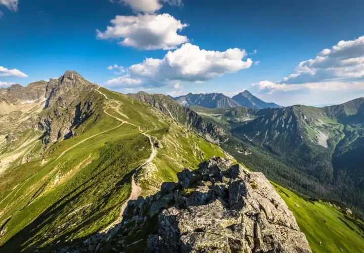 Widok na szlak prowadzący na Kasprowy Wierch. Kręta ścieżka wije się pośród zielonych zboczy Tatr.