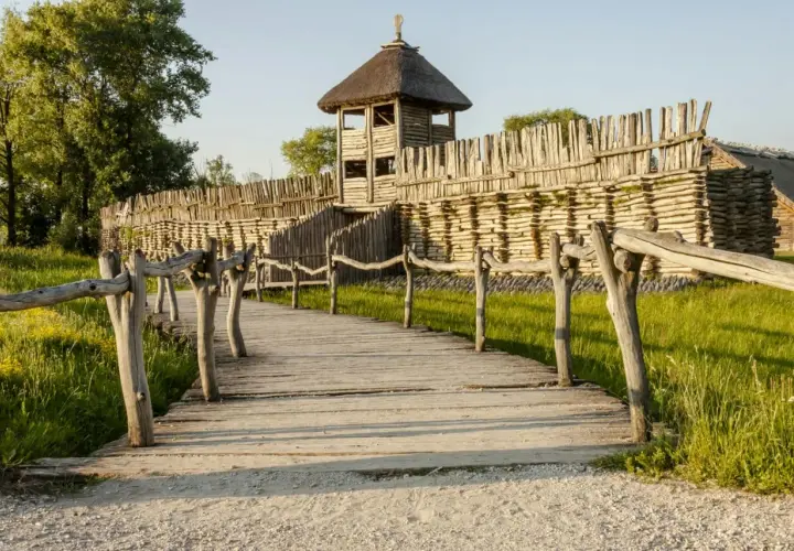 Drewniana kładka prowadzi do grodziska z wieżą obronną. To fragment szlaku piastowskiego, gdzie historia ożywa.