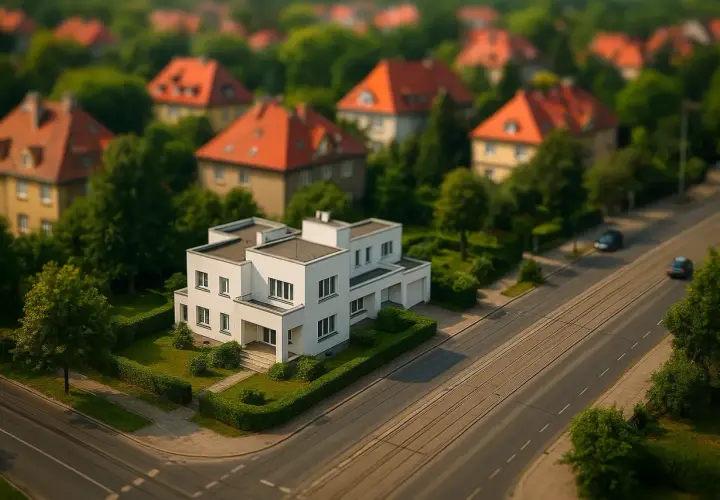 Nowoczesna willa z ogrodem, otoczona drzewami, w dzielnicy Biskupin we Wrocławiu. W tle inne domy z czerwonymi dachami.