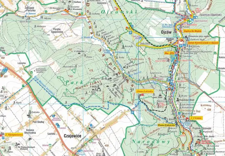 Mapa turystyczna Ojcowski Park Narodowy, gdzie zacząć? Zaznaczone szlaki, jaskinie, punkty widokowe i miejscowości.