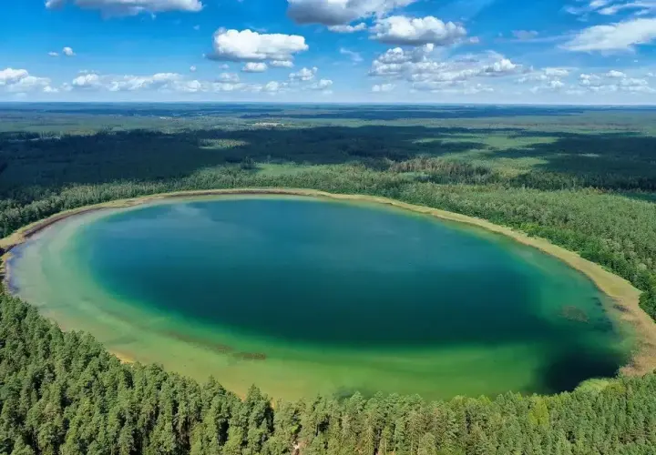 Widok z lotu ptaka na owalne jezioro o turkusowej wodzie, otoczone gęstym lasem. To najczystsze jezioro w Polsce, zachwyca przejrzystością.