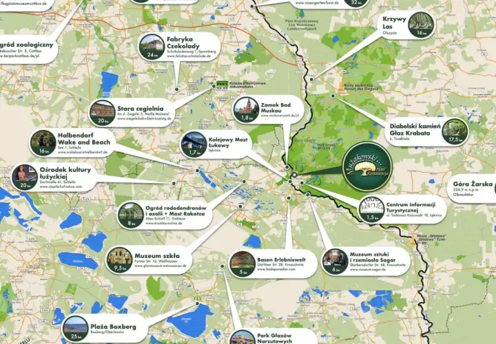 Mapa turystyczna Parku Mużakowskiego z zaznaczonymi atrakcjami, takimi jak Ogród Zoologiczny, Fabryka Czekolady, czy Muzeum Szkła.