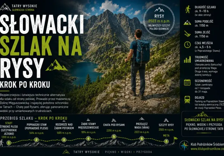 Słowacki szlak na Rysy: turysta z plecakiem na kamienistej ścieżce, w tle jezioro i góry. Opis trasy po słowackiej stronie Tatr.