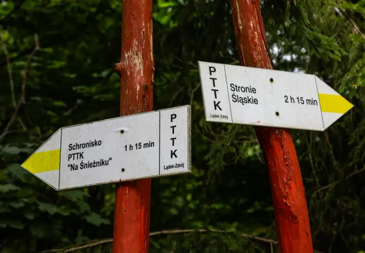 Znaki PTTK wskazują drogę do schroniska "Na Śnieżniku" (1h 15 min) i do Stronia Śląskiego (2h 15 min).