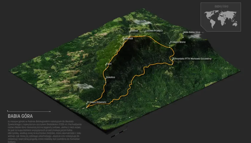 Trójwymiarowa mapa szlaków na Babiej Górze, z zaznaczonymi punktami jak Diablak, Schronisko PTTK Markowe Szczawiny i Przełęcz Krowiarki.