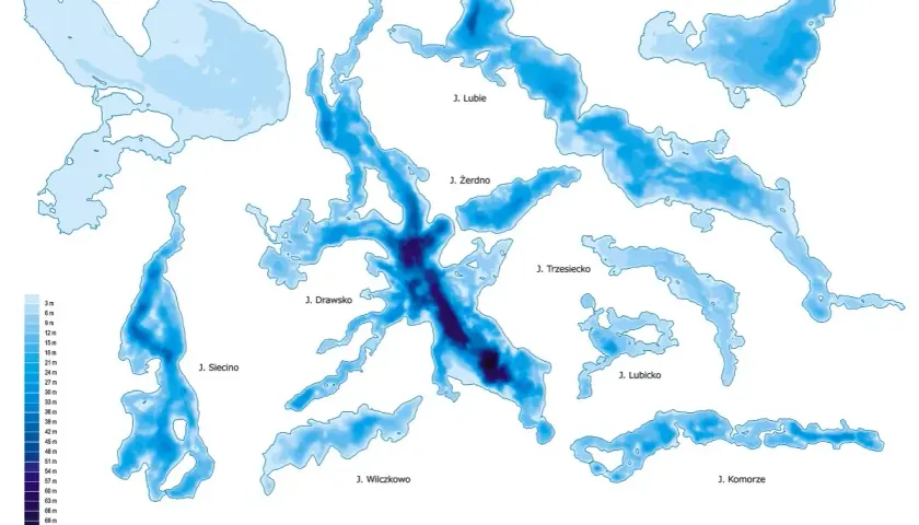 Mapa batymetryczna jezior pojezierza drawskiego: Wielimie, Siecino, Drawsko, Wilczkowo, Lubie, Żerdno, Trzesiecko, Lubicko, Wierzchowo, Komorze.